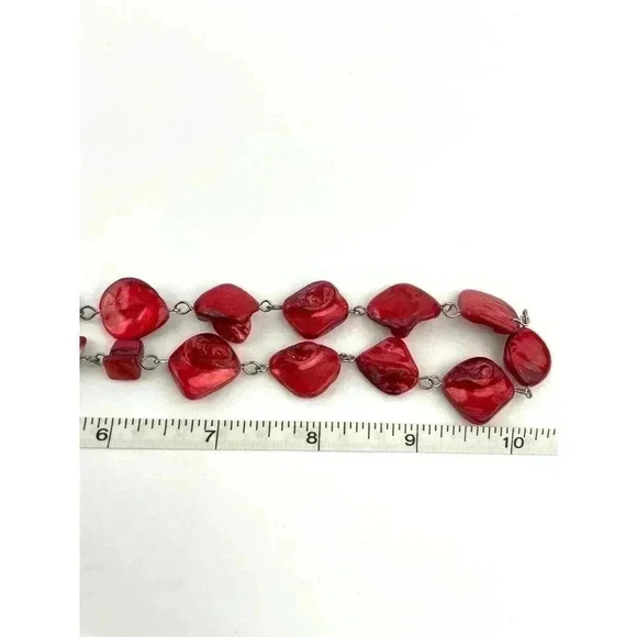 Red Natural Shell Chunky Beaded Necklace 20" Jewelry Silver Metal Tone - Picture 3 of 12